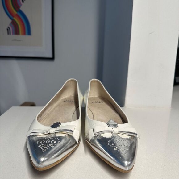 Stuart Weitzman Whiskerlo Pointed Toe Flats in White Patent Leather with Silver - Picture 6 of 11